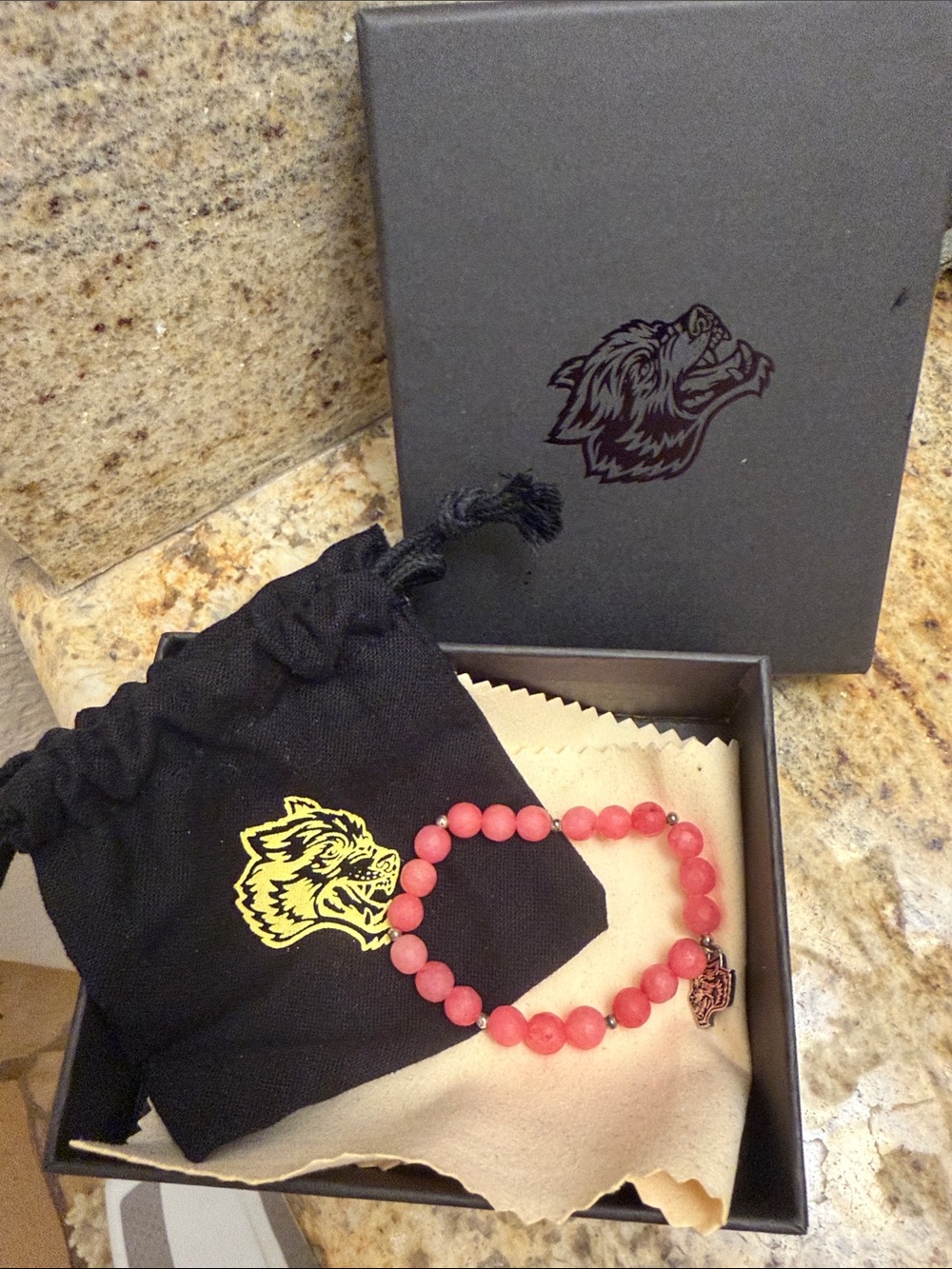 Beaded Pink Stone Bracelet with Wolf Charm by Darc Sport